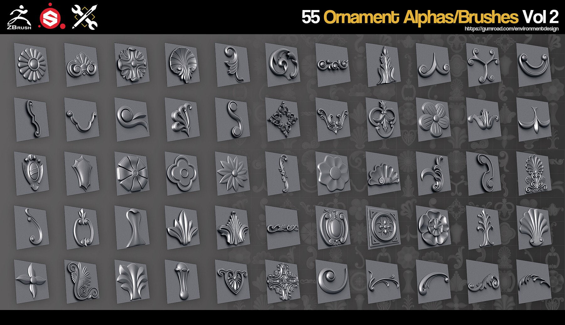 ZBrush/SP - 55 Ornament Brushes/Alphas - Vol.2