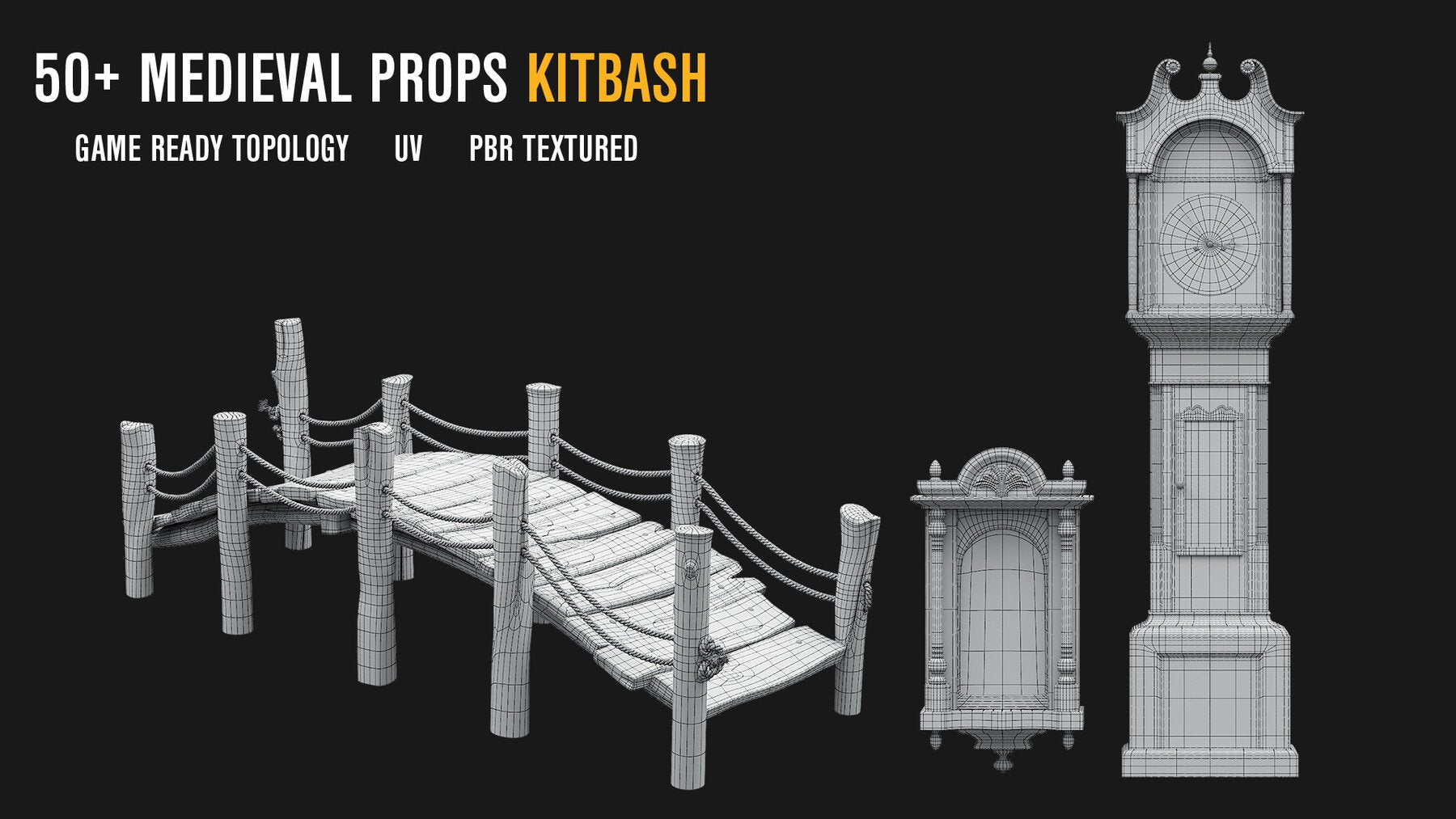 50+MEDIEVAL PROPS KITBASH [Mid Topology/ UV/ PBR textured]