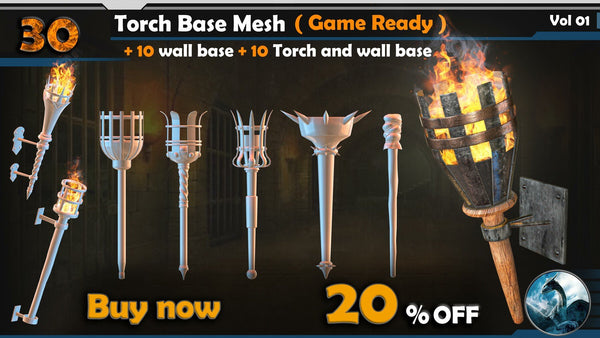 30 Torch Base Mesh (Game Ready) + 10 wall base