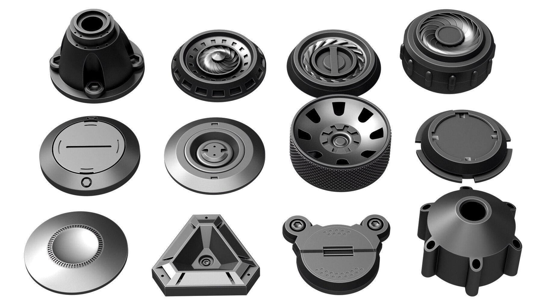 50+ Round Hard Surface Kitbash elements [Production Topology]