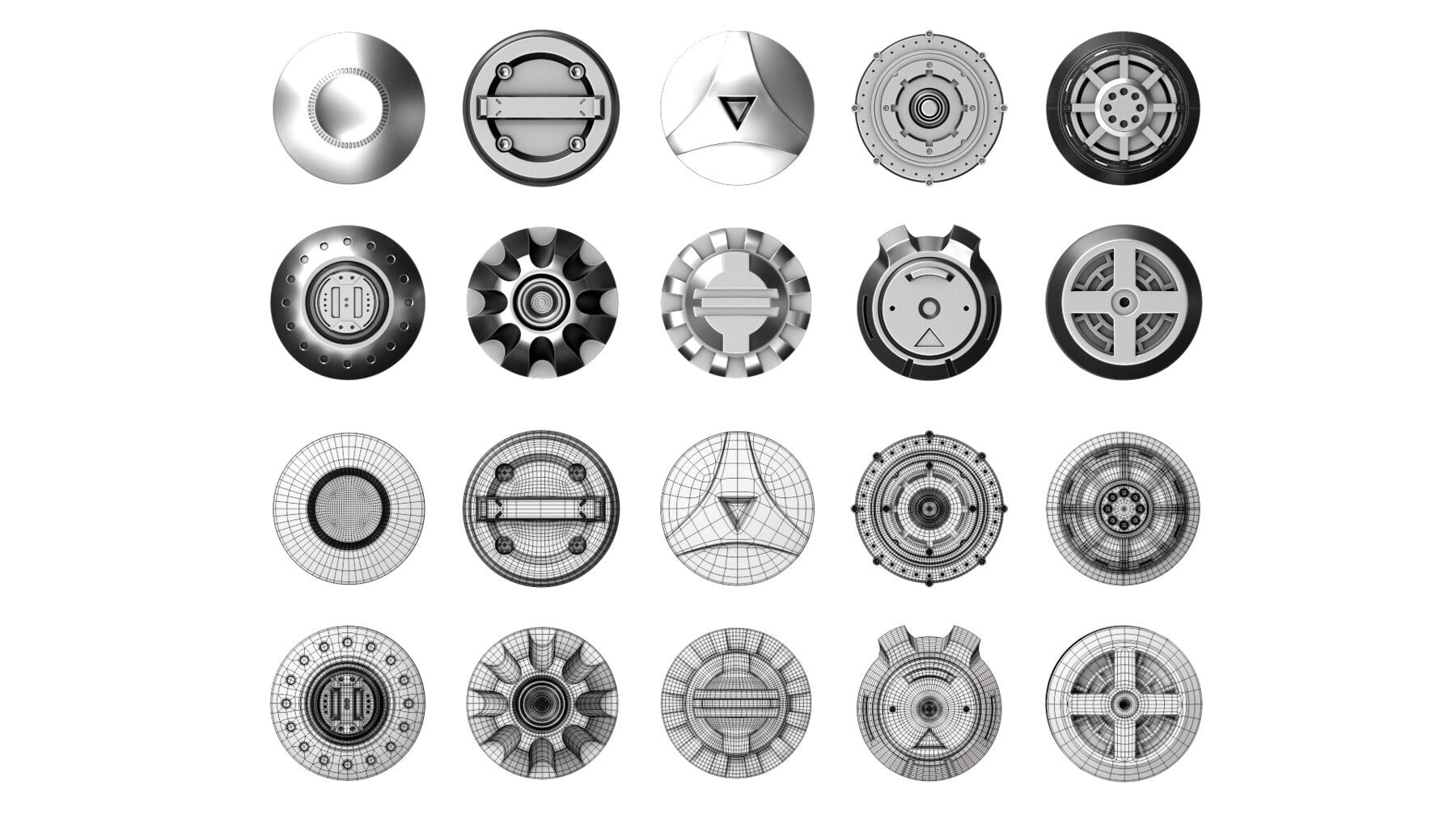 50+ Round Hard Surface Kitbash elements [Production Topology]