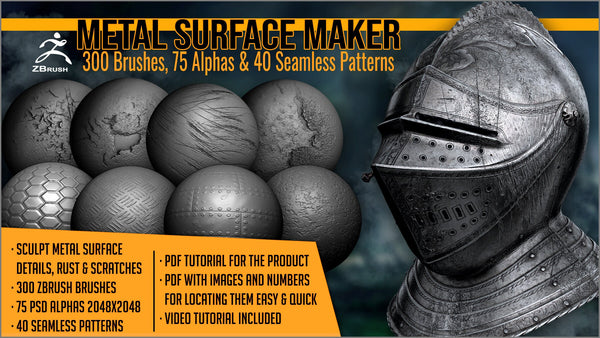 Metal Surface Maker 300 ZBrush Brushes, 75 Alphas, and 40 Patterns