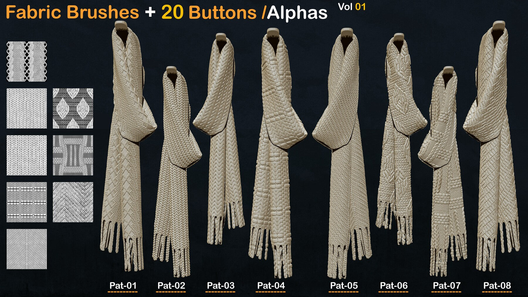 Fabric Textures+20 Buttons / Alphas Vol 01