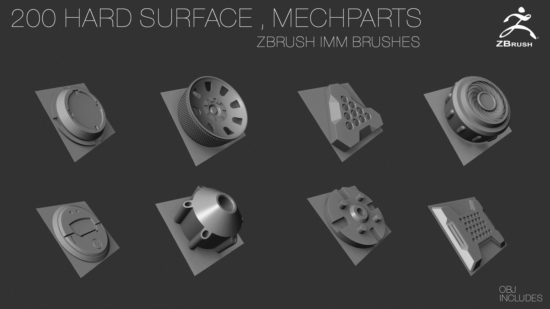 200 HARD SURFACE Z Brush IMM Brushes [OBJ] [MID TOPOLOGY] + ALPHAS [NORMAL, AO] Maps