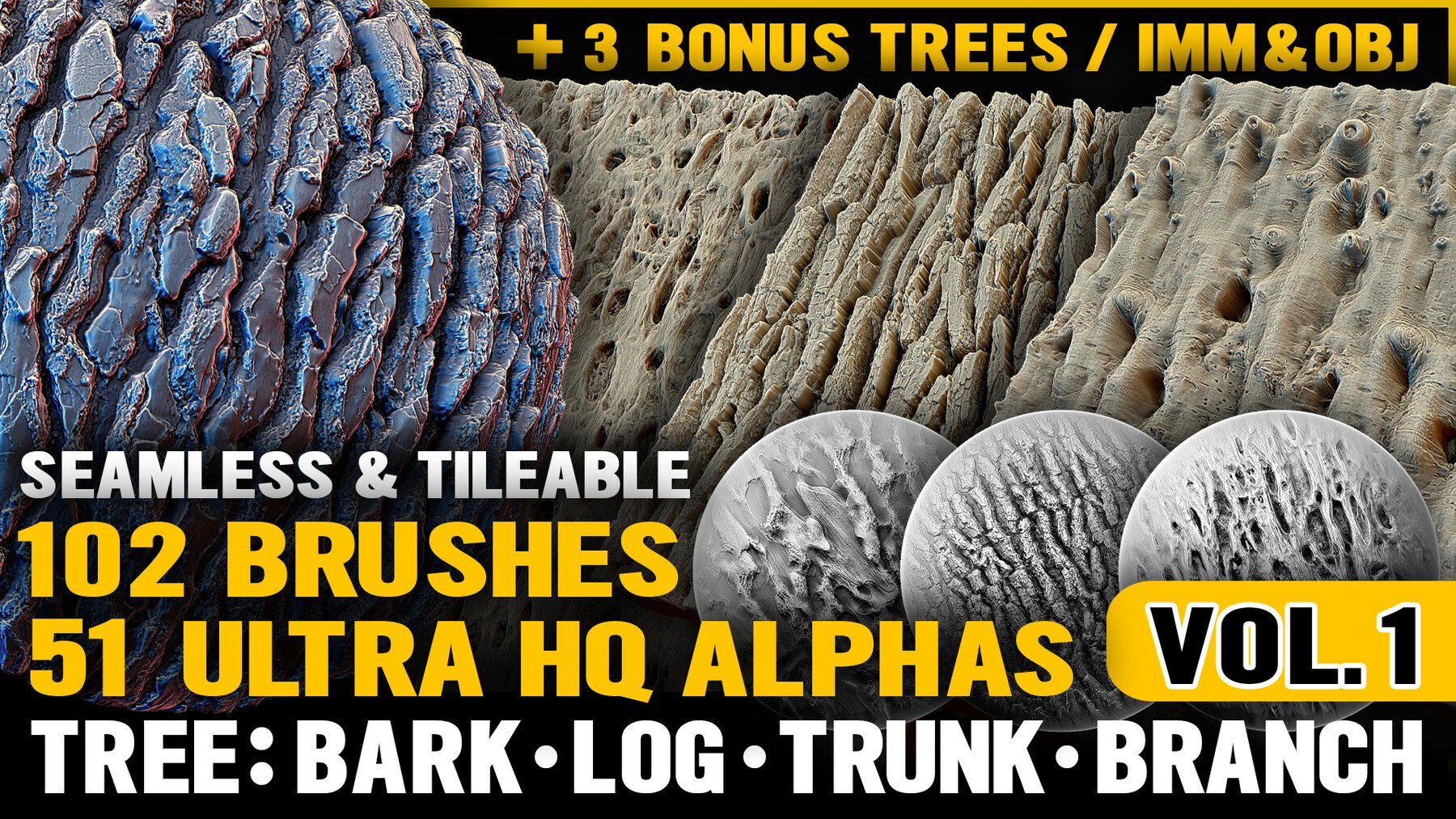 Ultra HQ Tree Bark Seamless Sculpt Zbrush brushes + Alphas (Blender, Substance, etc.) Vol.1