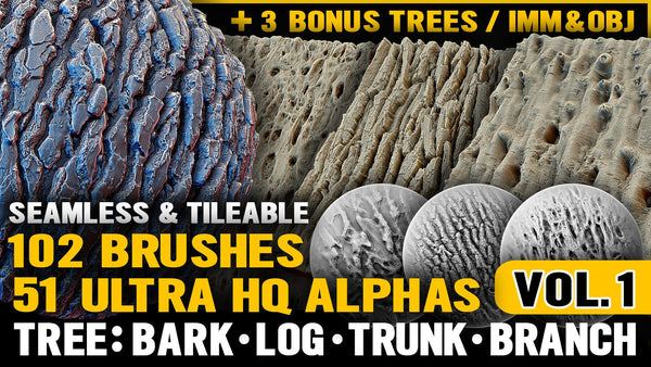 Ultra HQ Tree Bark Seamless Sculpt Zbrush brushes + Alphas (Blender, Substance, etc.) Vol.1