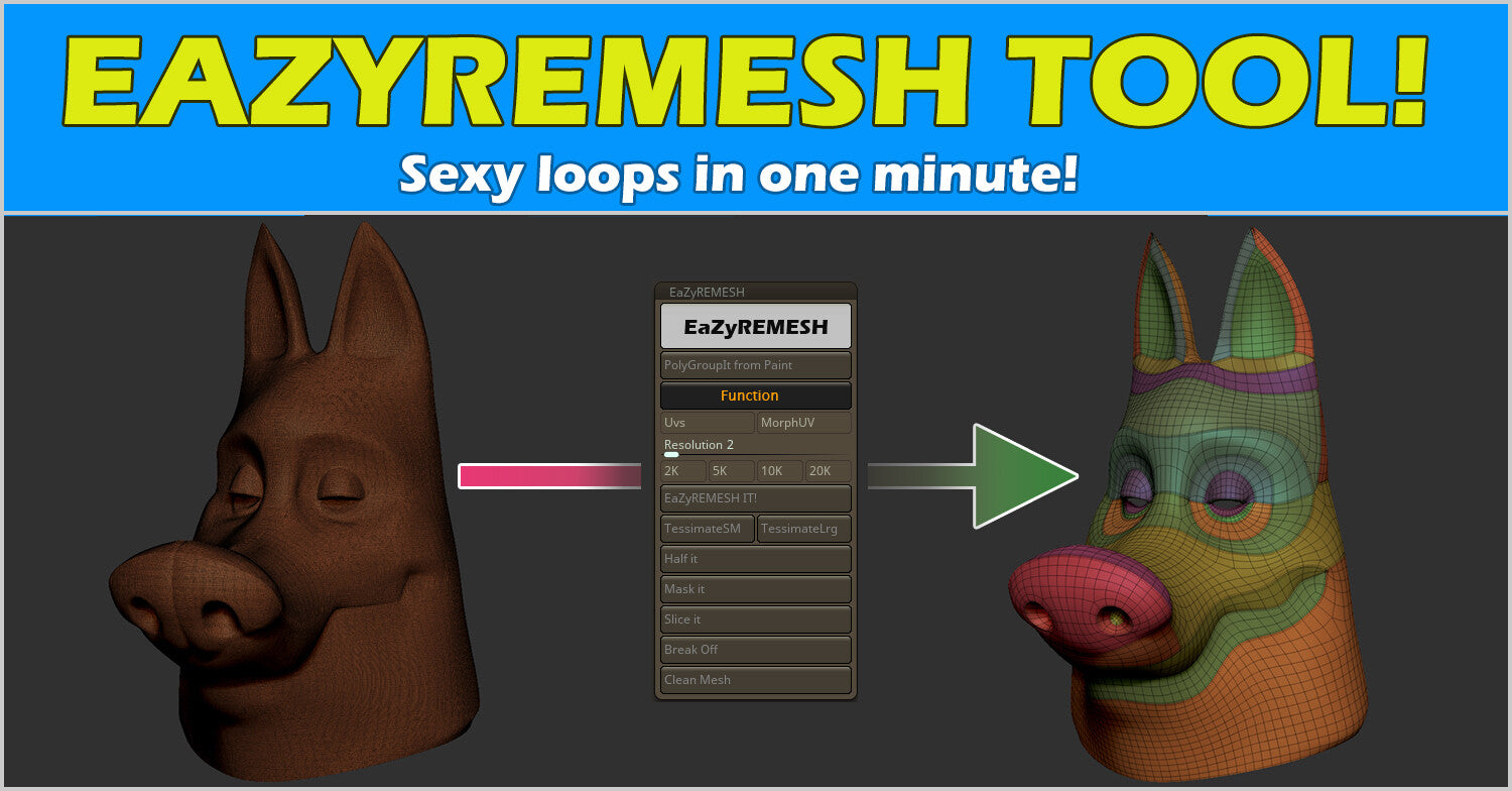 EaZyremesh Tool! A retopology plugin for Zbrush. All Versions.