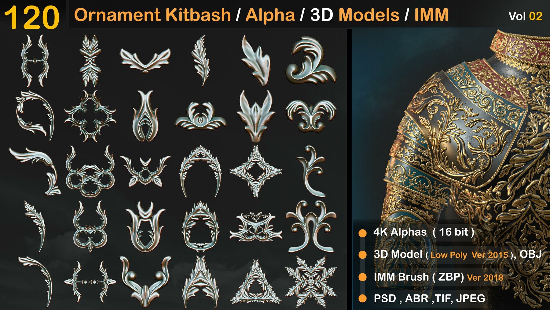 Ornament Kitbash Brushes / Alpha / 3D Models / IMM Vol 02