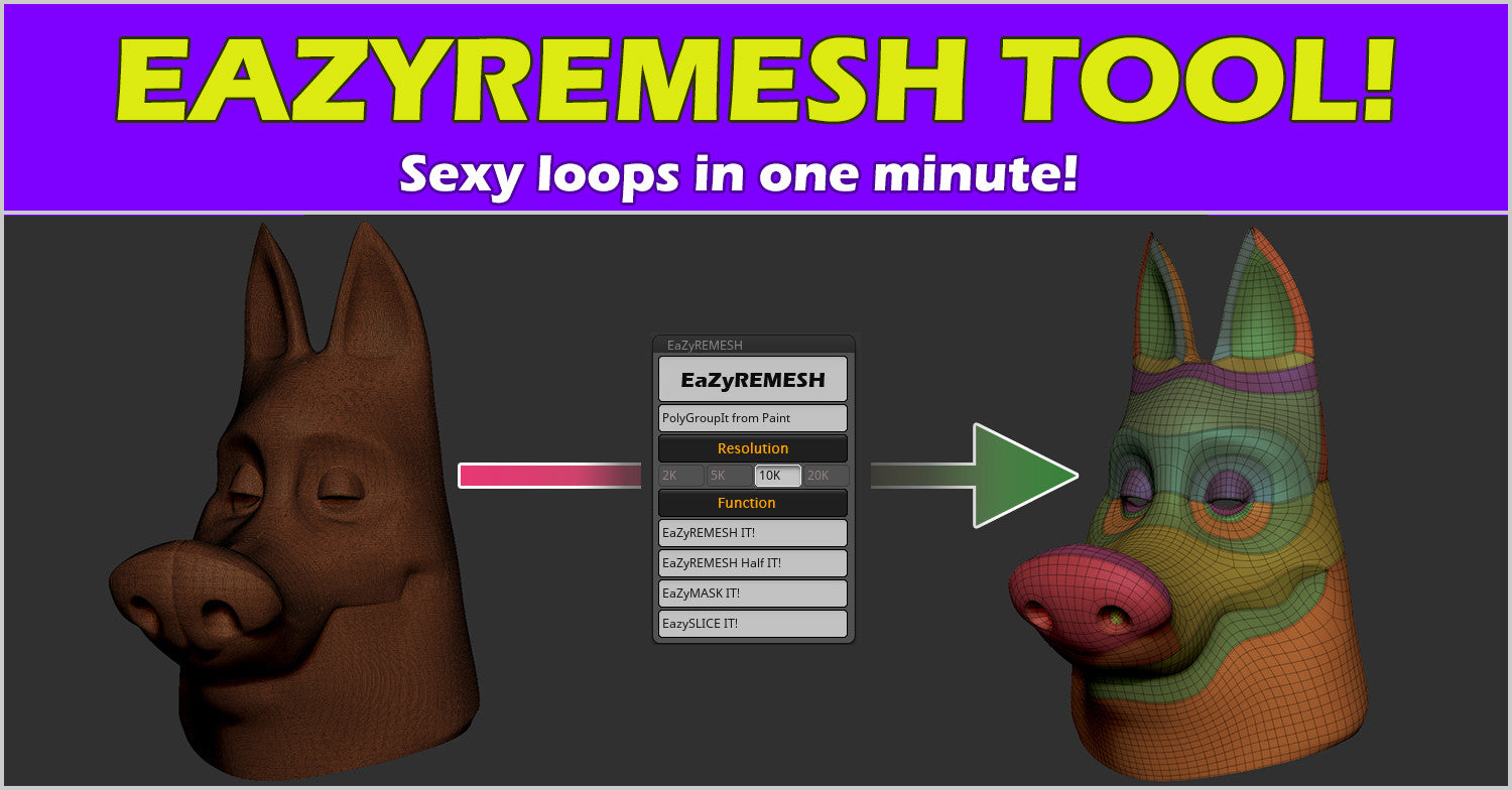 EaZyremesh Tool! A retopology plugin for Zbrush. All Versions.