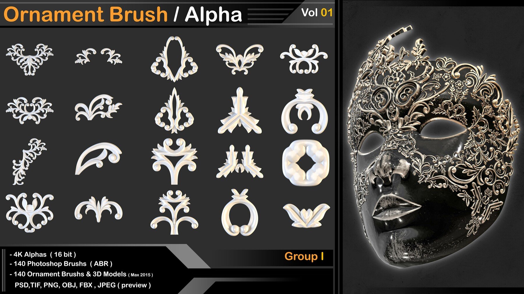 Ornament Kitbash Brushes/ Alpha / 3D Models / IMM vol 01