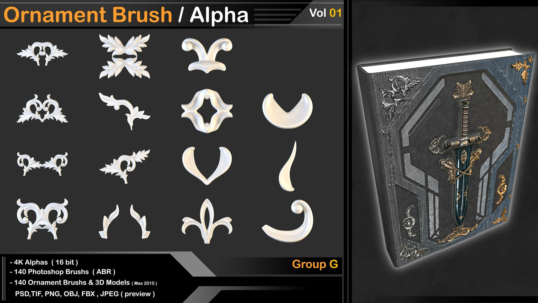 Ornament Kitbash Brushes/ Alpha / 3D Models / IMM vol 01