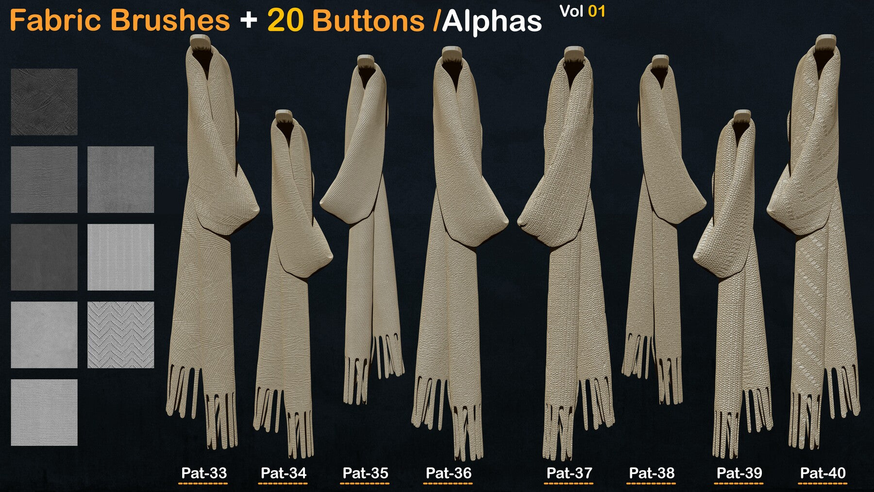 Fabric Textures+20 Buttons / Alphas Vol 01