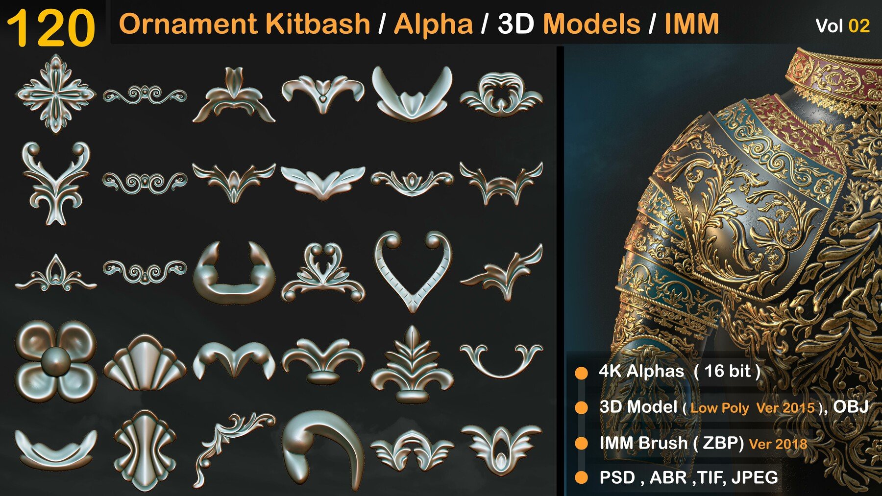 Ornament Kitbash Brushes / Alpha / 3D Models / IMM Vol 02