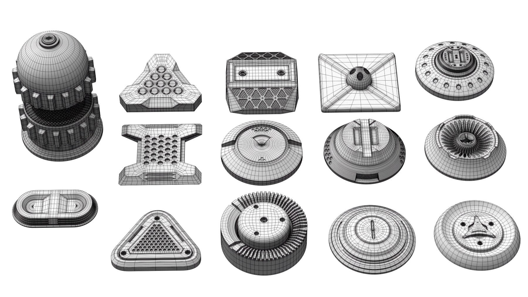 50+ Round Hard Surface Kitbash elements [Production Topology]