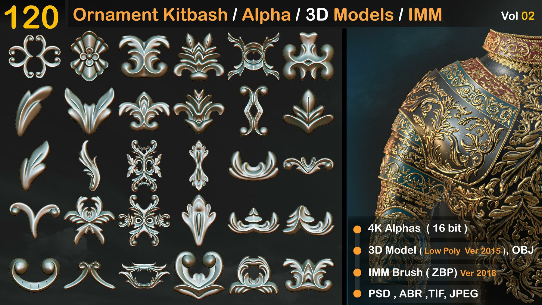 Ornament Kitbash Brushes/ Alpha / 3D Models / IMM vol 02