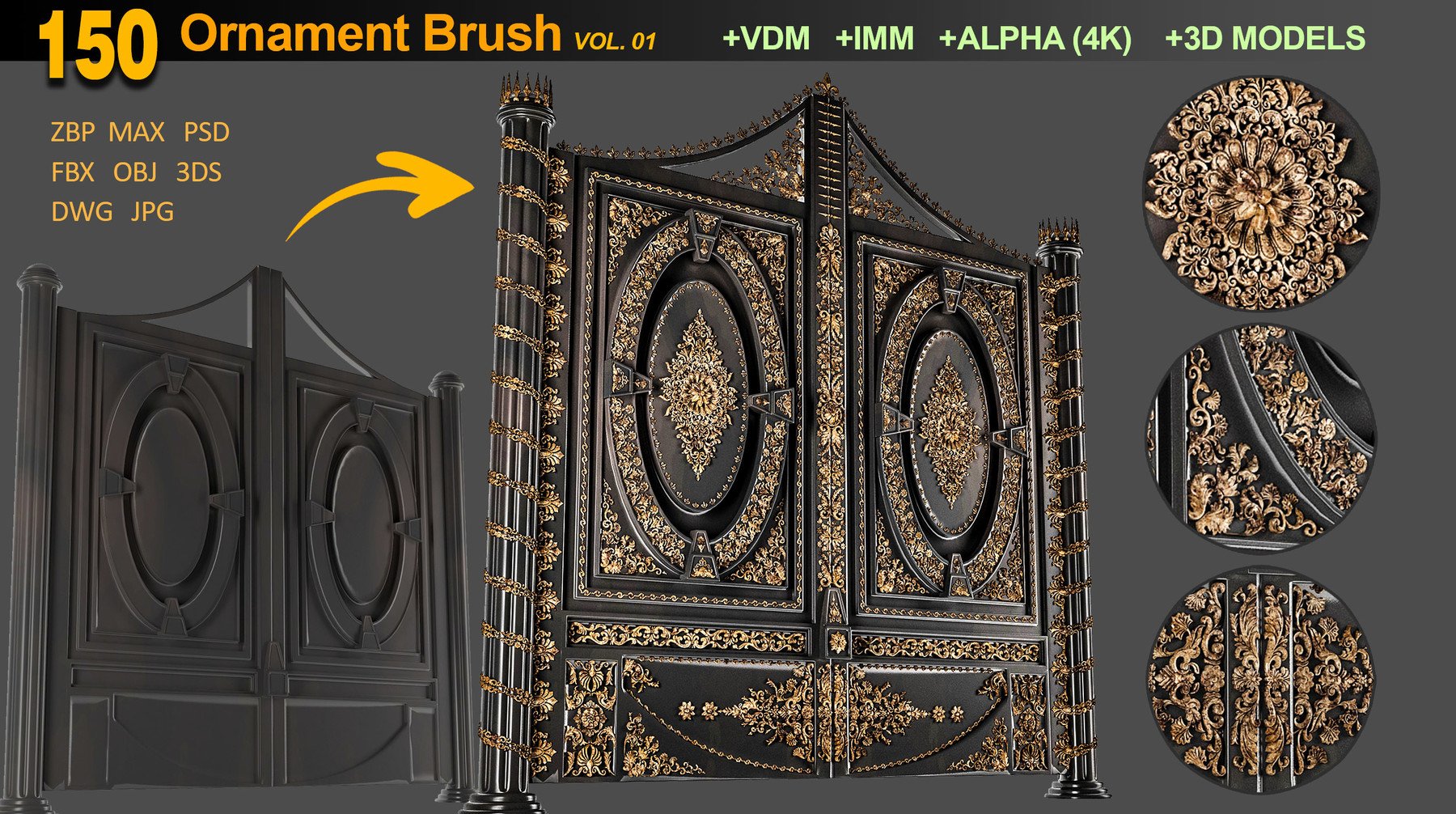 150 Ornament Brushes, 4K Alphas and 3D Models, Vol.01