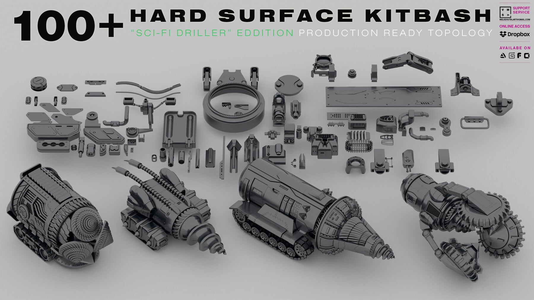 100+ HARD SURFACE KITBASH [PRODUCTION READY TOPOLOGY]