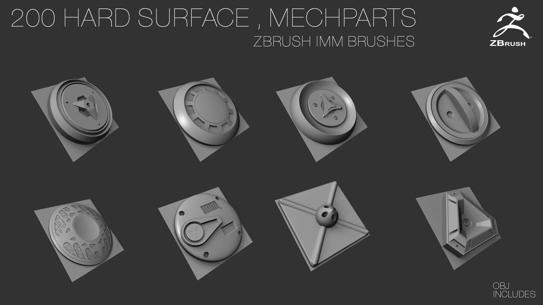 200 HARD SURFACE Z Brush IMM Brushes [OBJ] [MID TOPOLOGY] + ALPHAS [NORMAL, AO] Maps