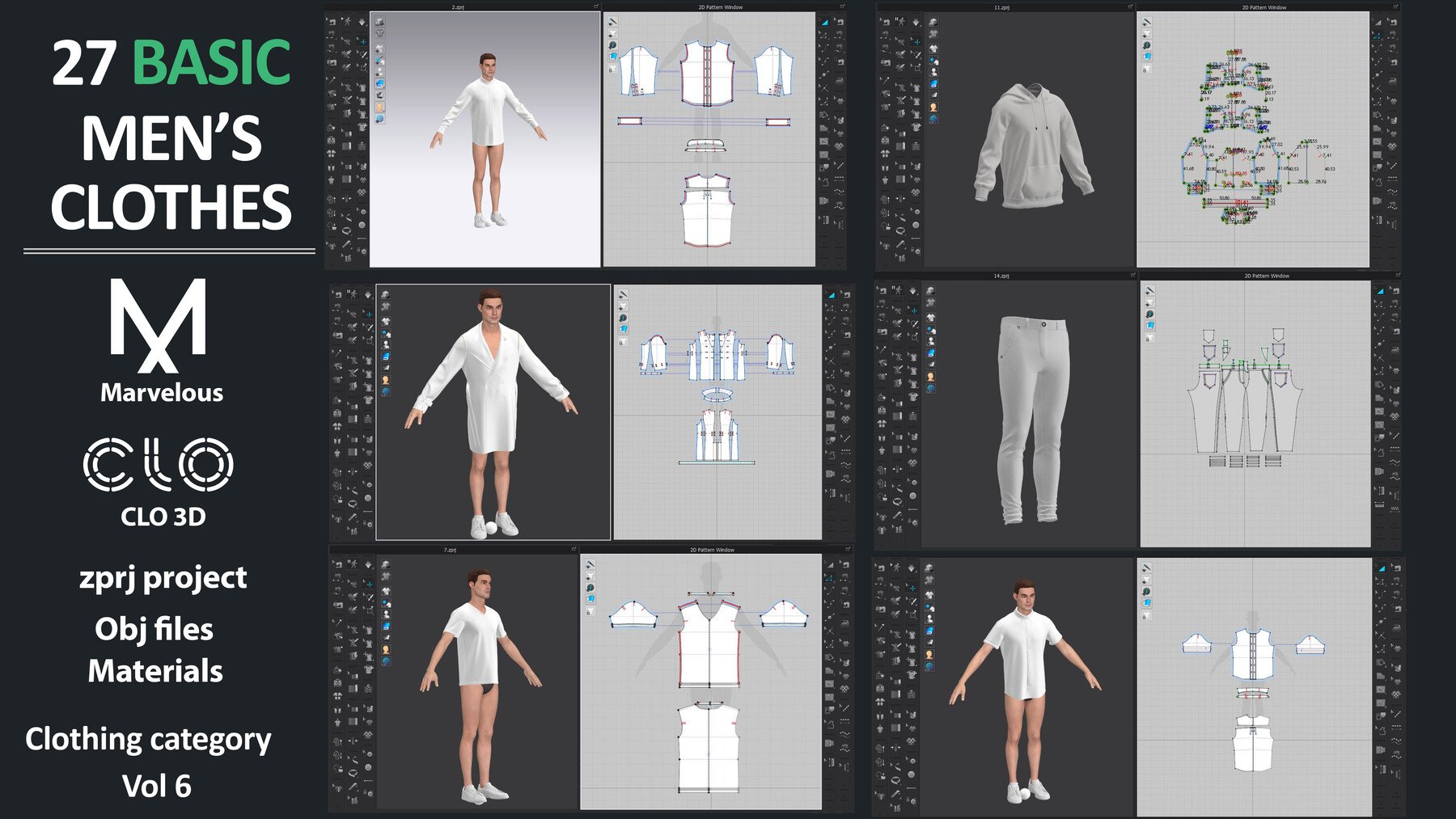 27 BASIC MEN'S CLOTHES PACK / Marvelous Designer / CLO3D + ZPRJ + OBJ + material