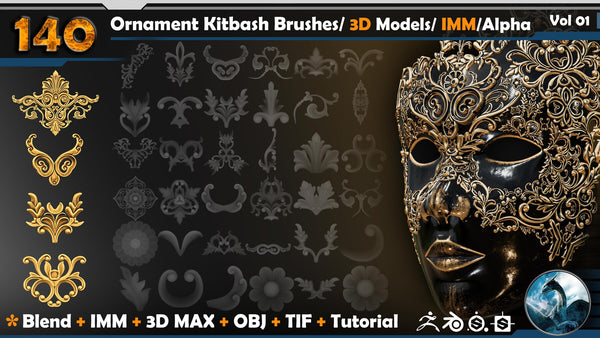 Ornament Kitbash Brushes / Alpha / 3D Models / IMM Vol 01