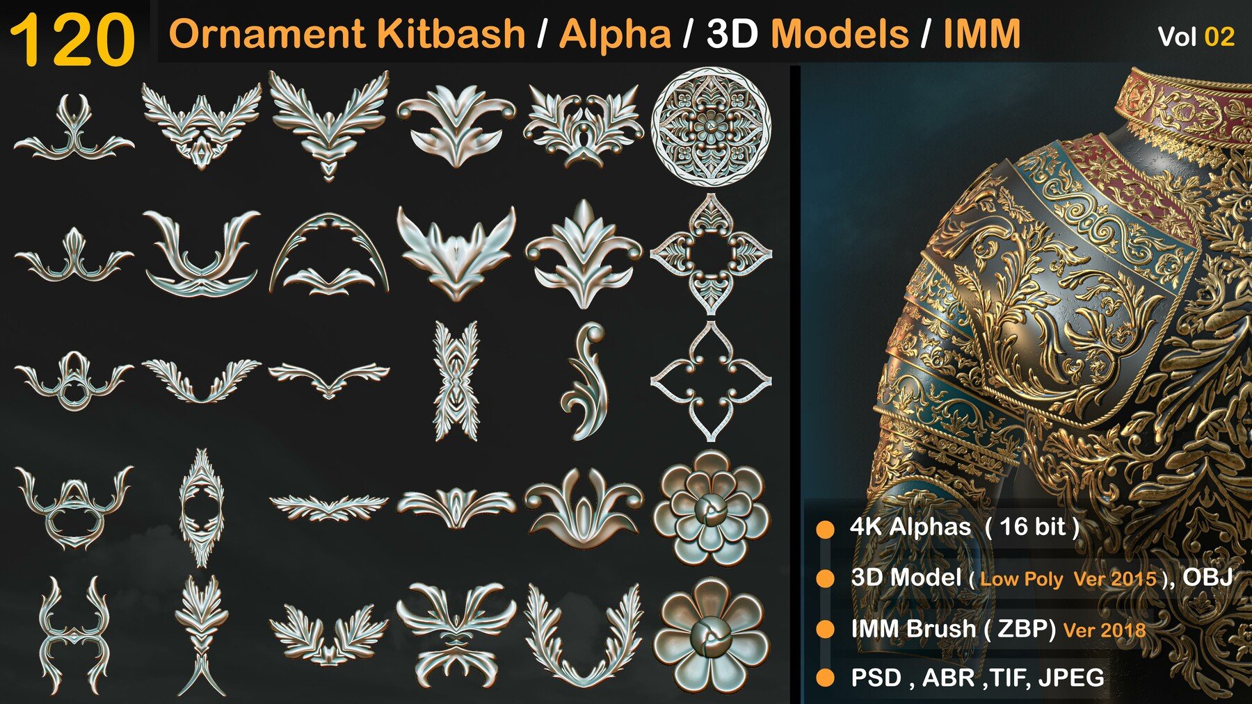 Ornament Kitbash Brushes / Alpha / 3D Models / IMM Vol 02