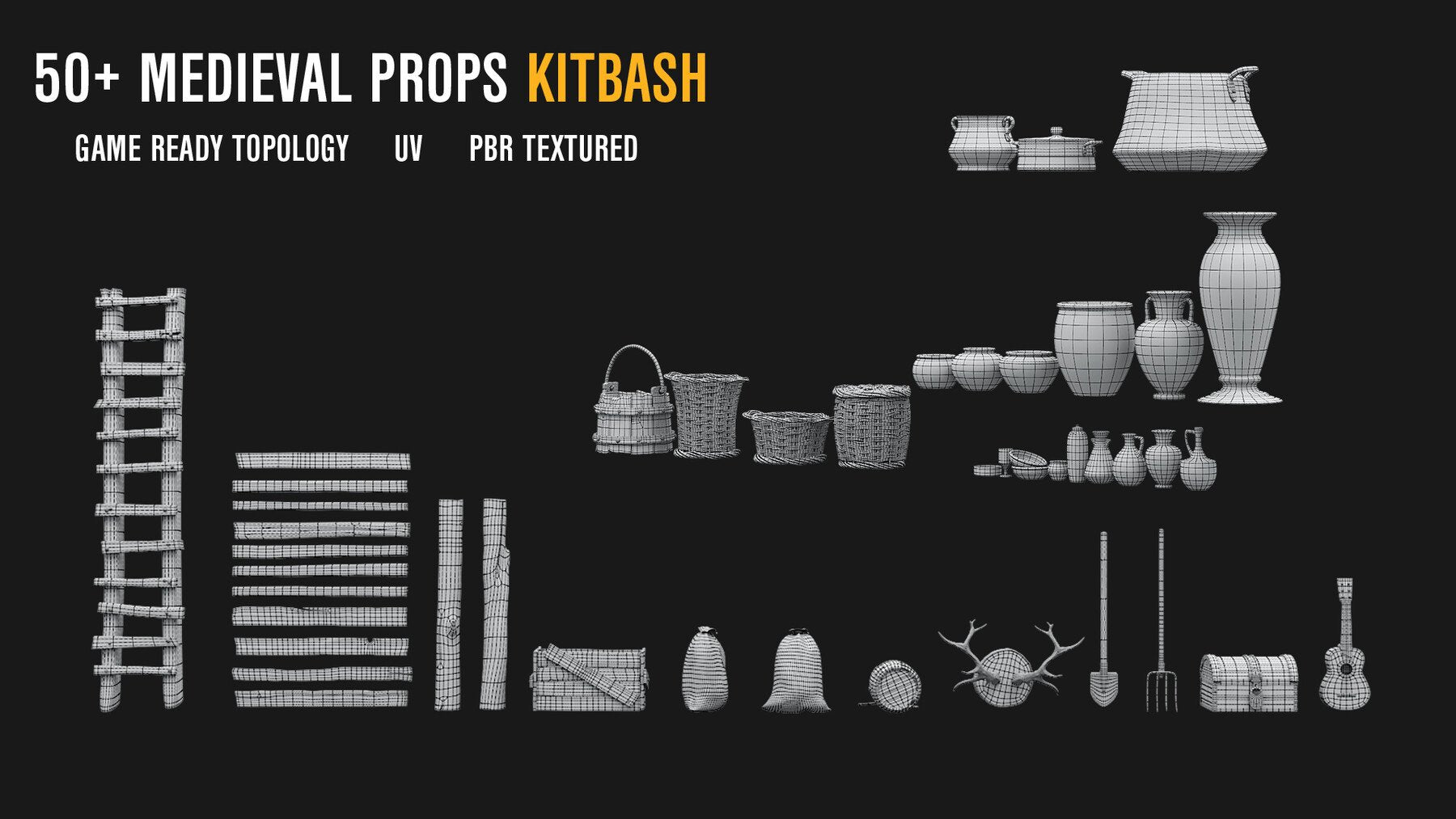 50+MEDIEVAL PROPS KITBASH [Mid Topology/ UV/ PBR textured]