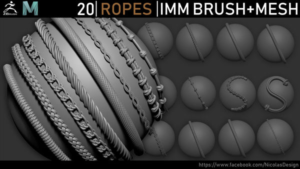 Zbrush - 20 Ropes IMM Brush + Meshes