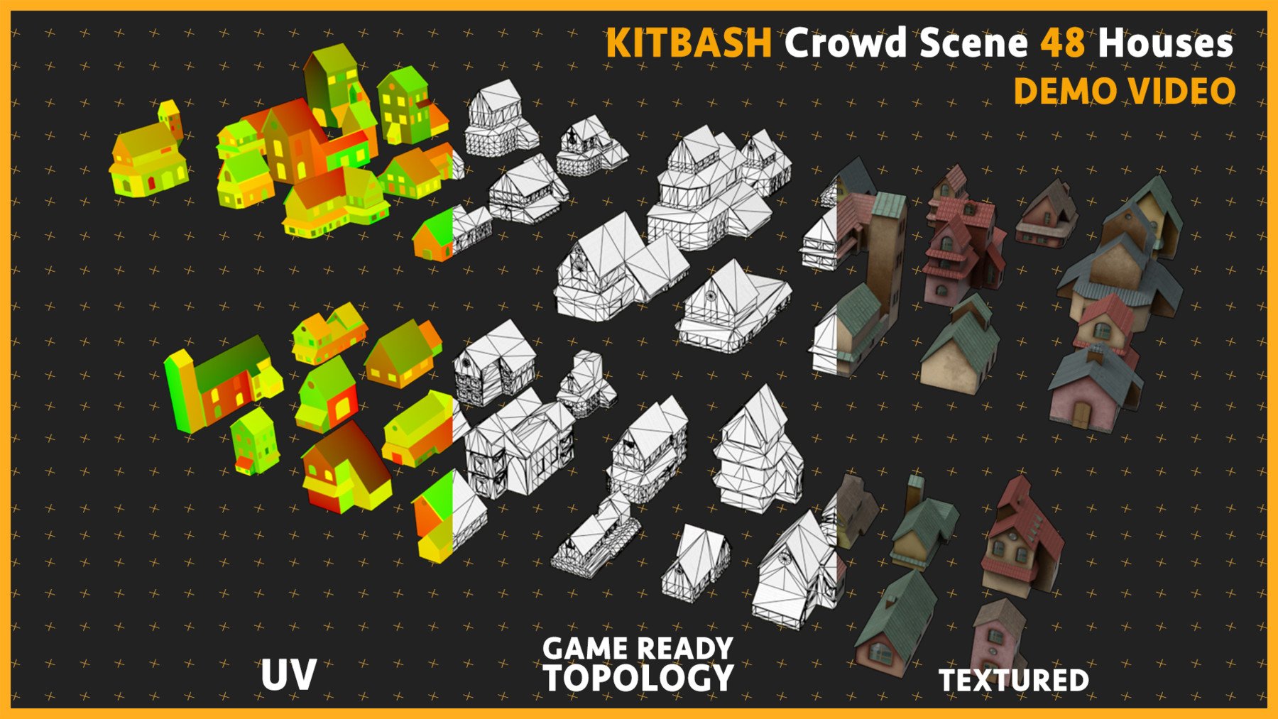 Kitbash Crowd Scene Houses 48 models [UV, Texture, Game ready topology]