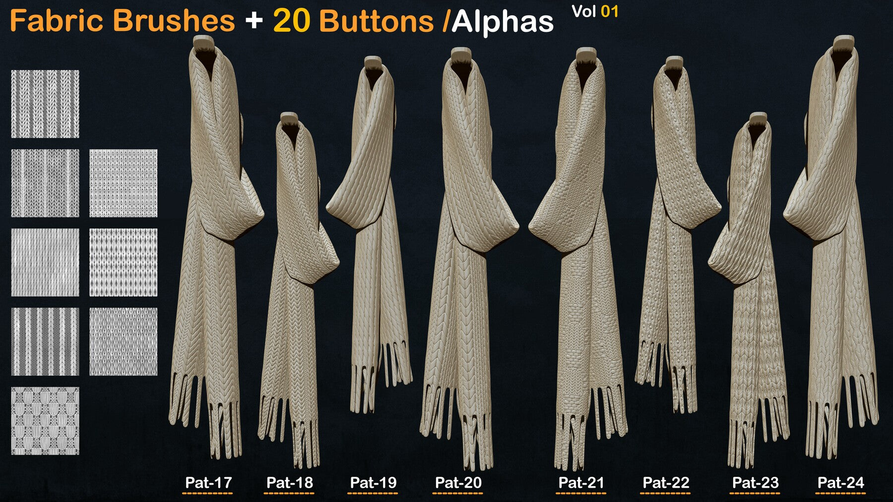 Fabric Textures+20 Buttons / Alphas Vol 01