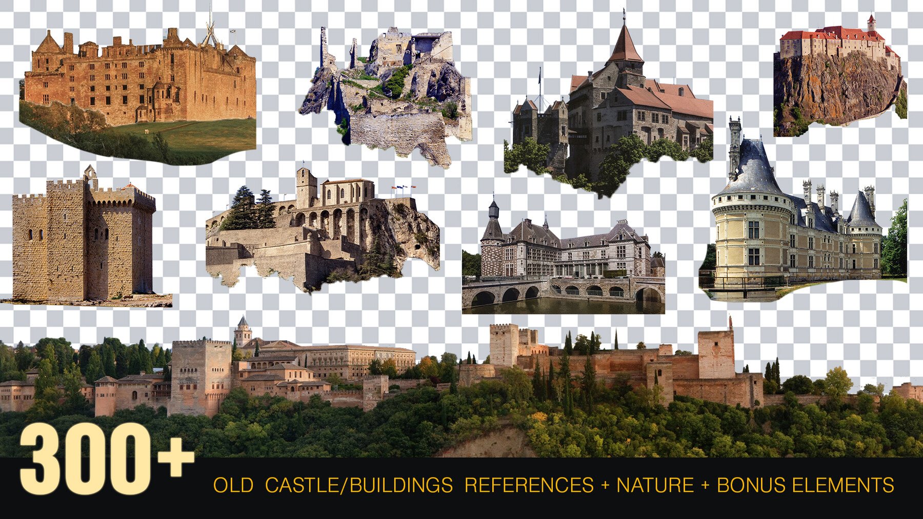 300+Old Castle/Buildings reference Pack+Nature+Bonus [Transparent BG] Perfect For Matte Painting And Photobash