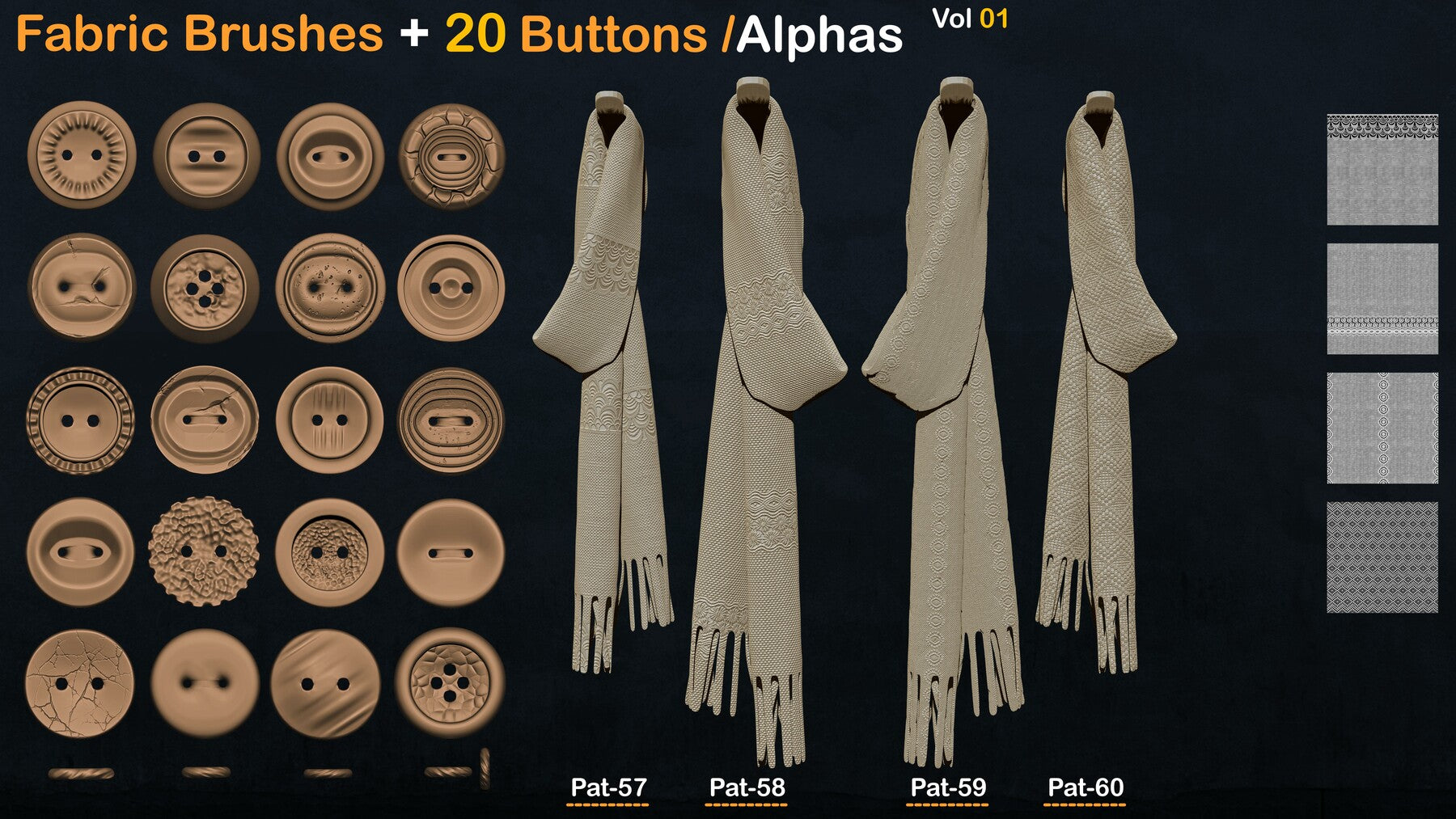 Fabric Textures+20 Buttons / Alphas Vol 01