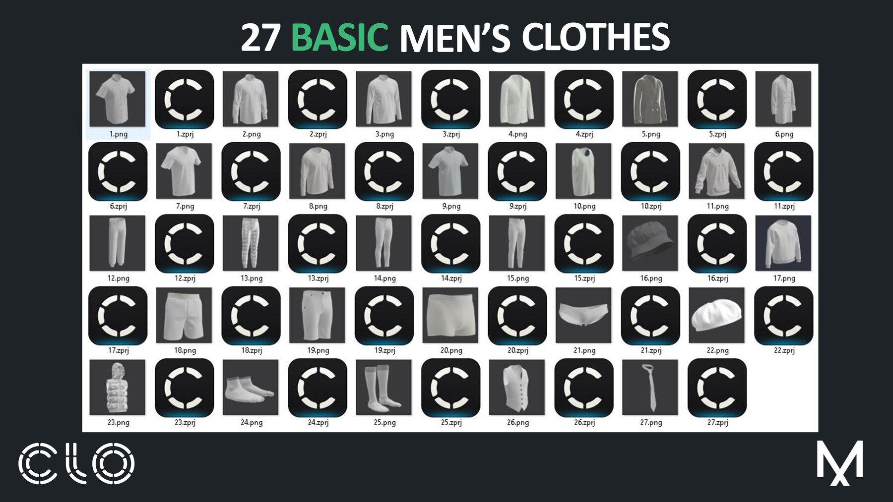 27 BASIC MEN'S CLOTHES PACK / Marvelous Designer / CLO3D + ZPRJ + OBJ + material