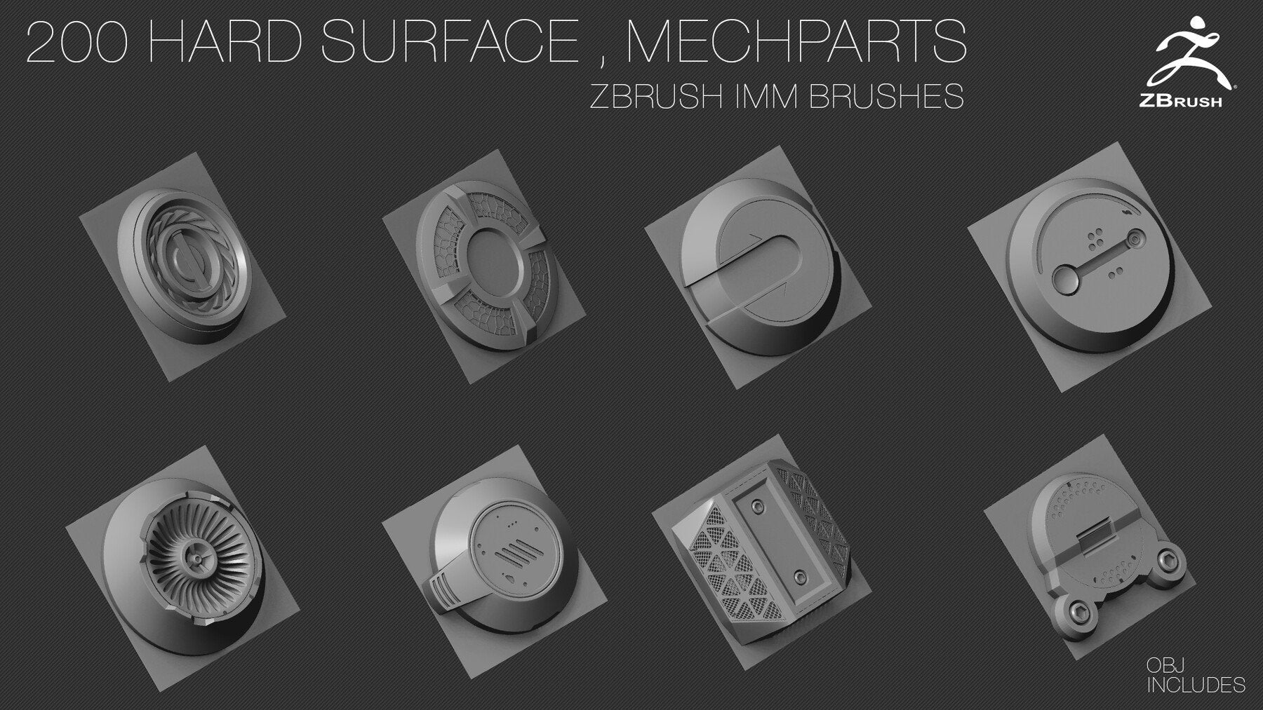 200 HARD SURFACE Z Brush IMM Brushes [OBJ] [MID TOPOLOGY] + ALPHAS [NORMAL, AO] Maps