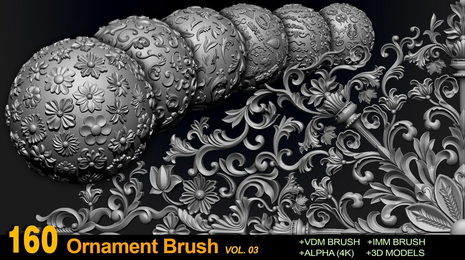 160 Ornament Brushes, 4K Alphas and 3D Models, Vol.03