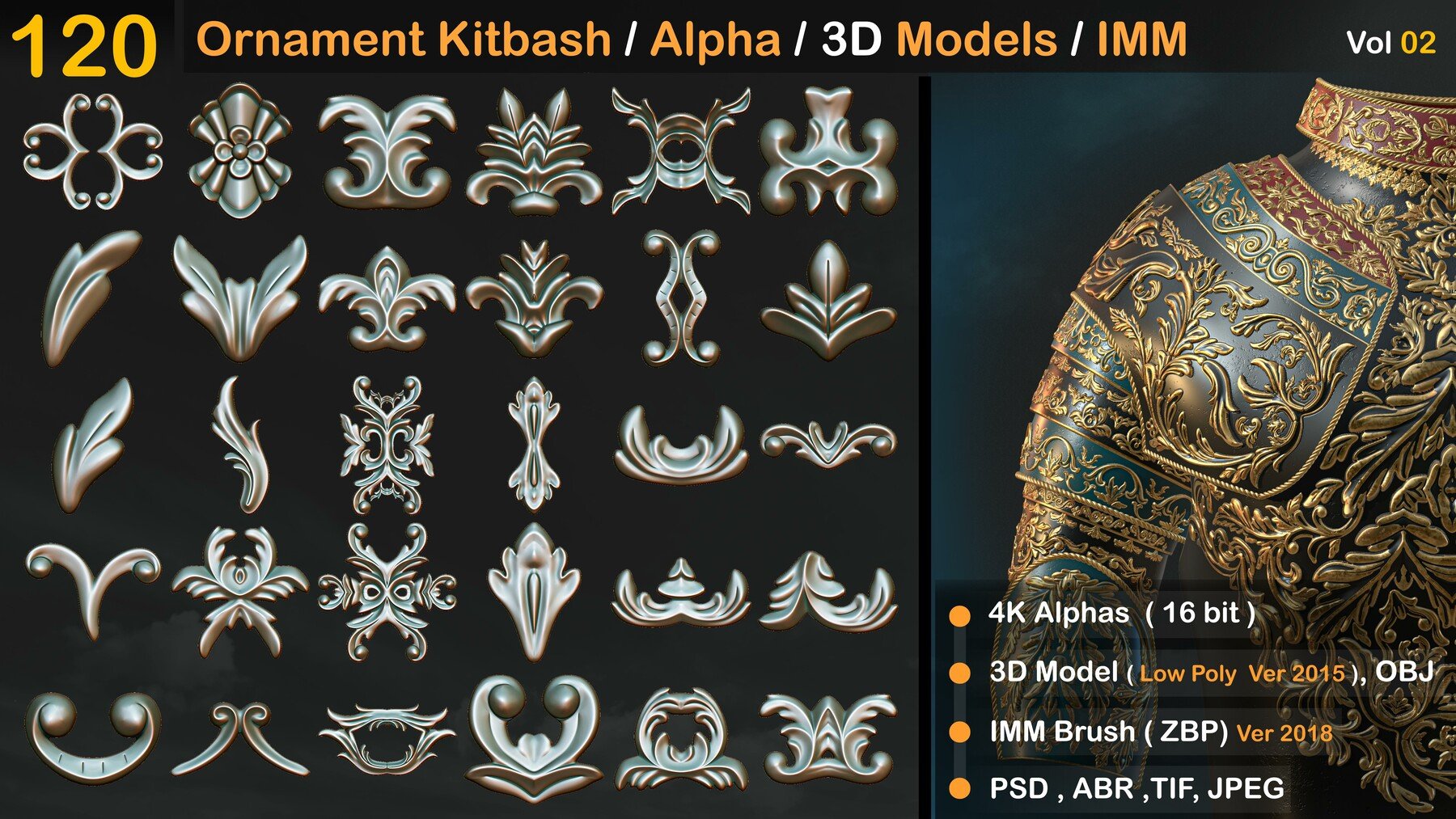 Ornament Kitbash Brushes / Alpha / 3D Models / IMM Vol 02