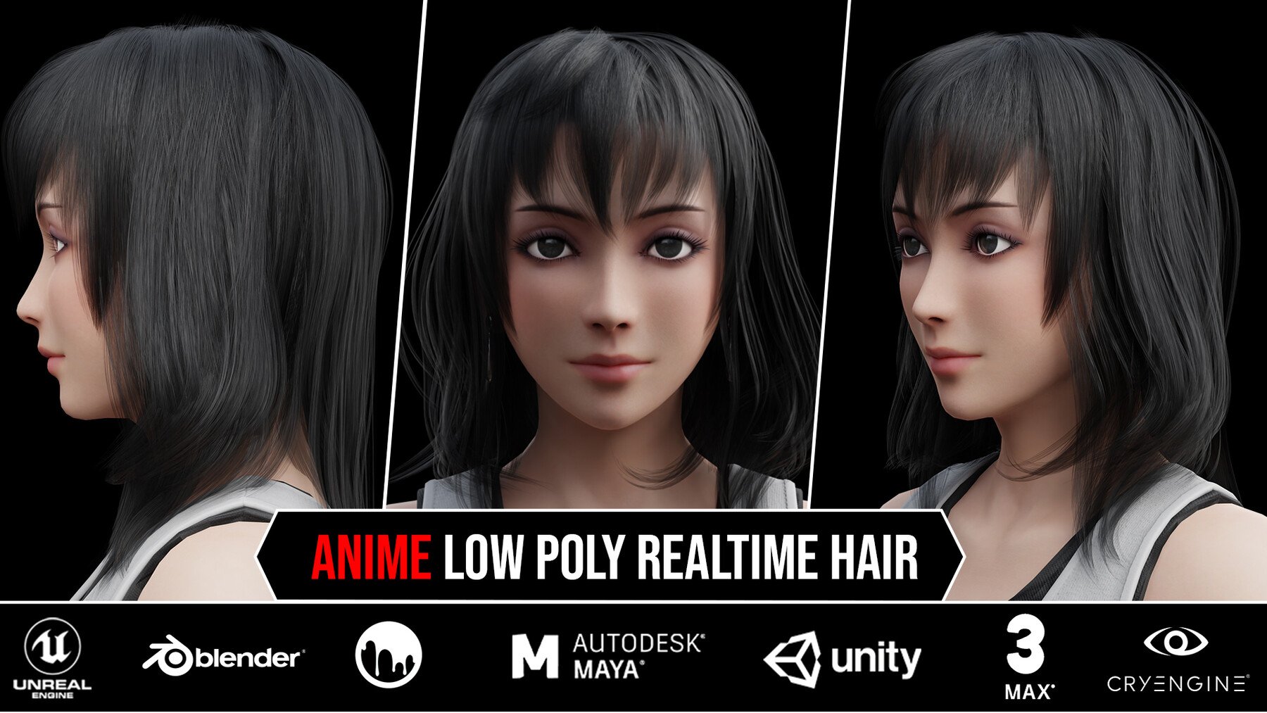 6 Anime Low Poly Realtime Hair Cards 1$ For Each Model