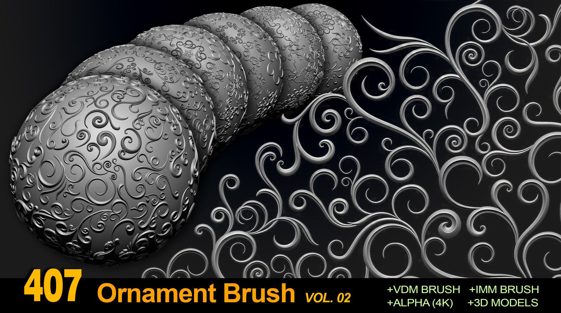 407 Floral Ornament Brushes, 4K Alphas and 3D Models, Vol.02