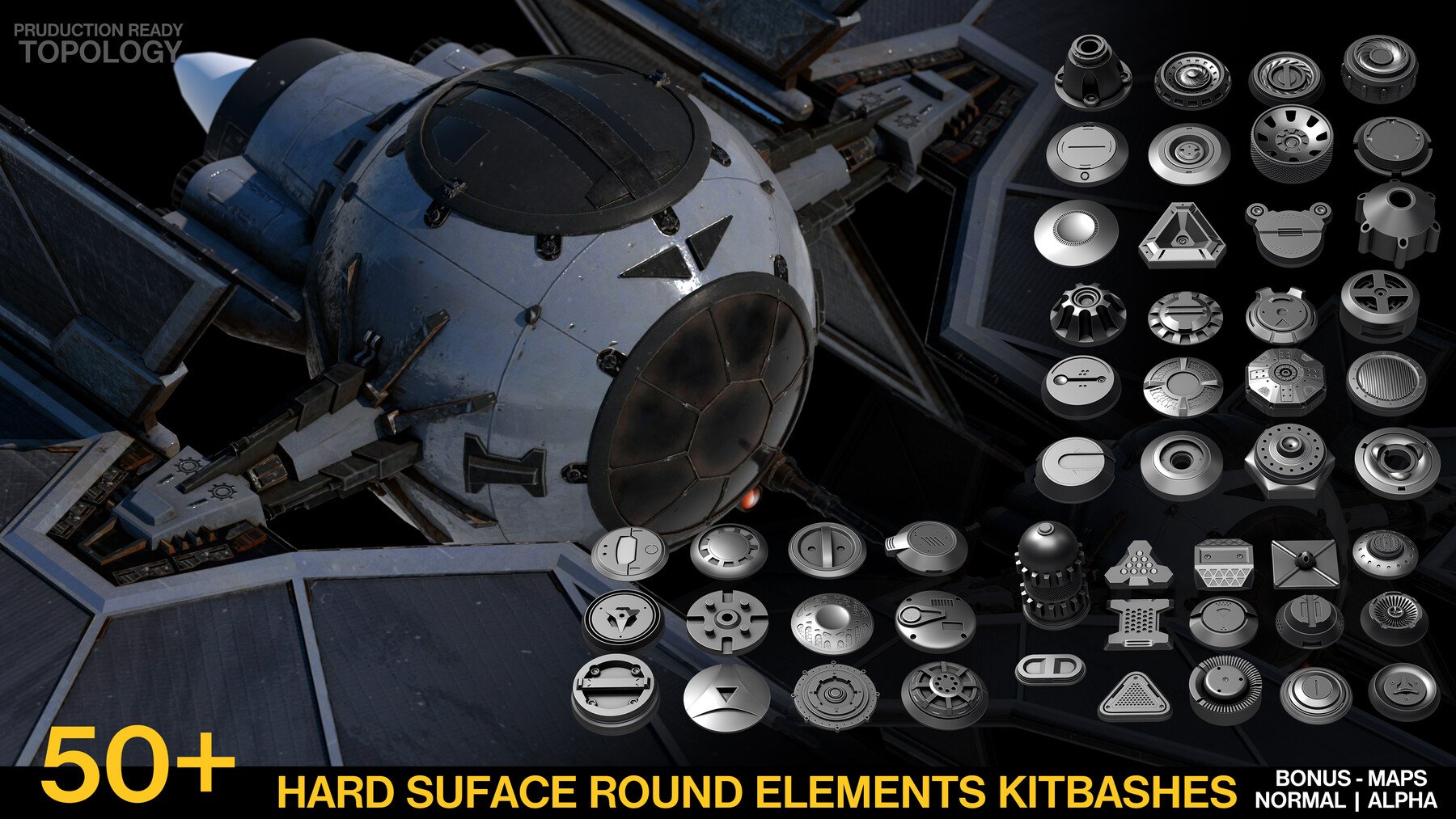 50+ Round Hard Surface Kitbash elements [Production Topology]