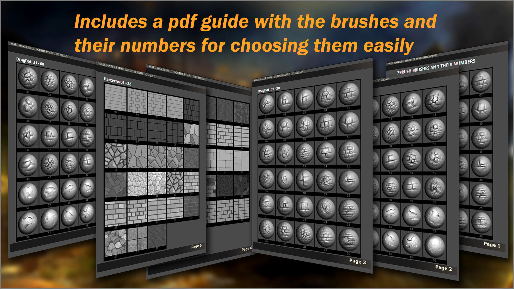 Wall Maker 120 ZBrush Brushes, 60 Alphas, and 55 Patterns