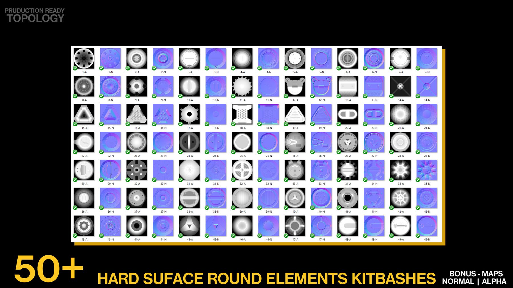 50+ Round Hard Surface Kitbash elements [Production Topology]