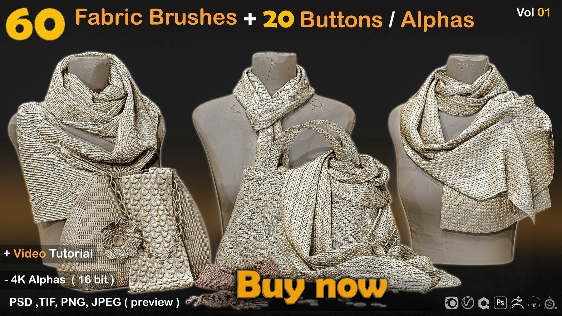 Fabric Textures+20 Buttons / Alphas Vol 01 | S3ART Store