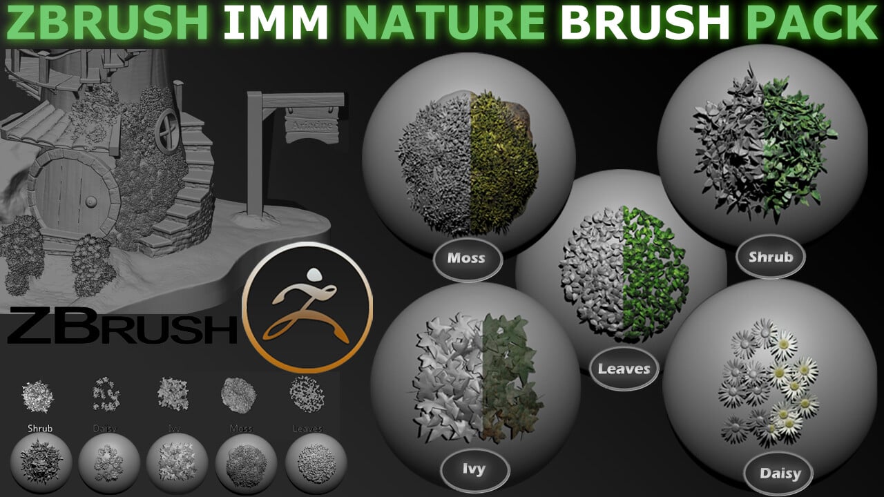 Zbrush Imm Nature Brush Pack Ivy Moss Leaves Shrub & Flowers