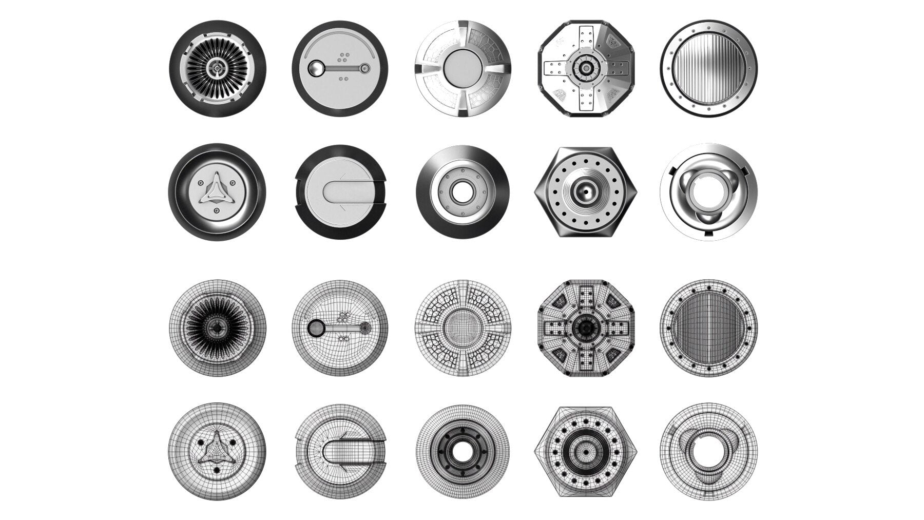 50+ Round Hard Surface Kitbash elements [Production Topology]