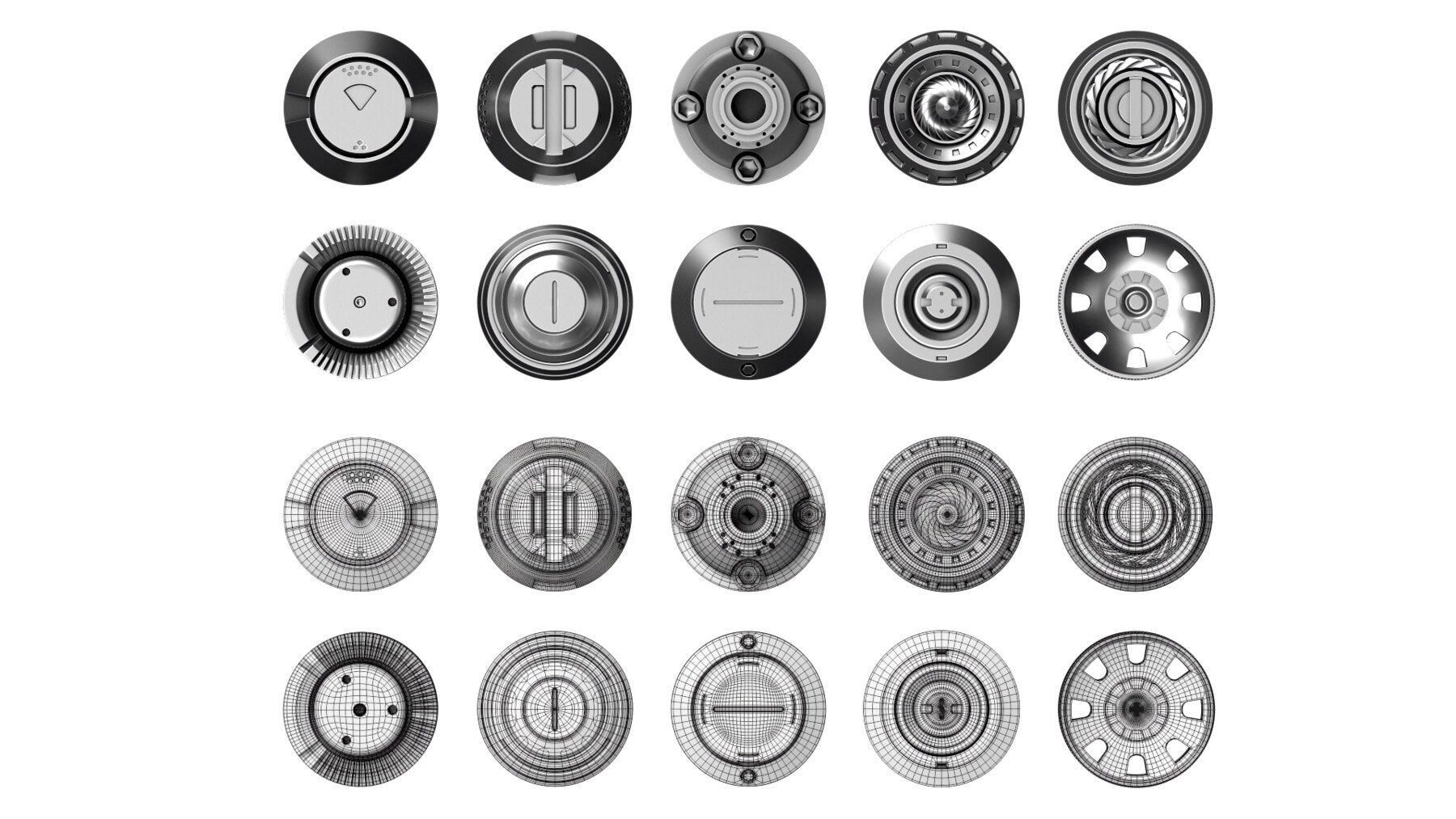 50+ Round Hard Surface Kitbash elements [Production Topology]