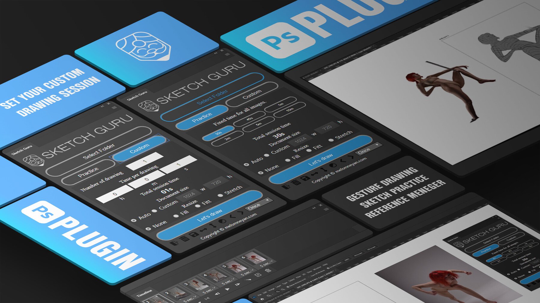 "Sketch Guru" Plugin For Photoshop [Sketch Practice Tool, Gesture Drawing, Reference Manager]