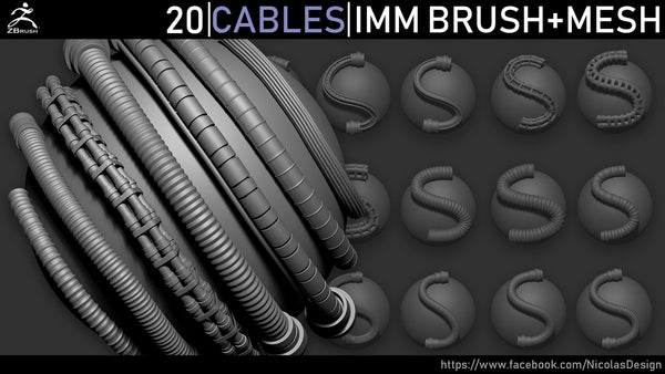 Zbrush - 20 Cables IMM Brush + Meshes