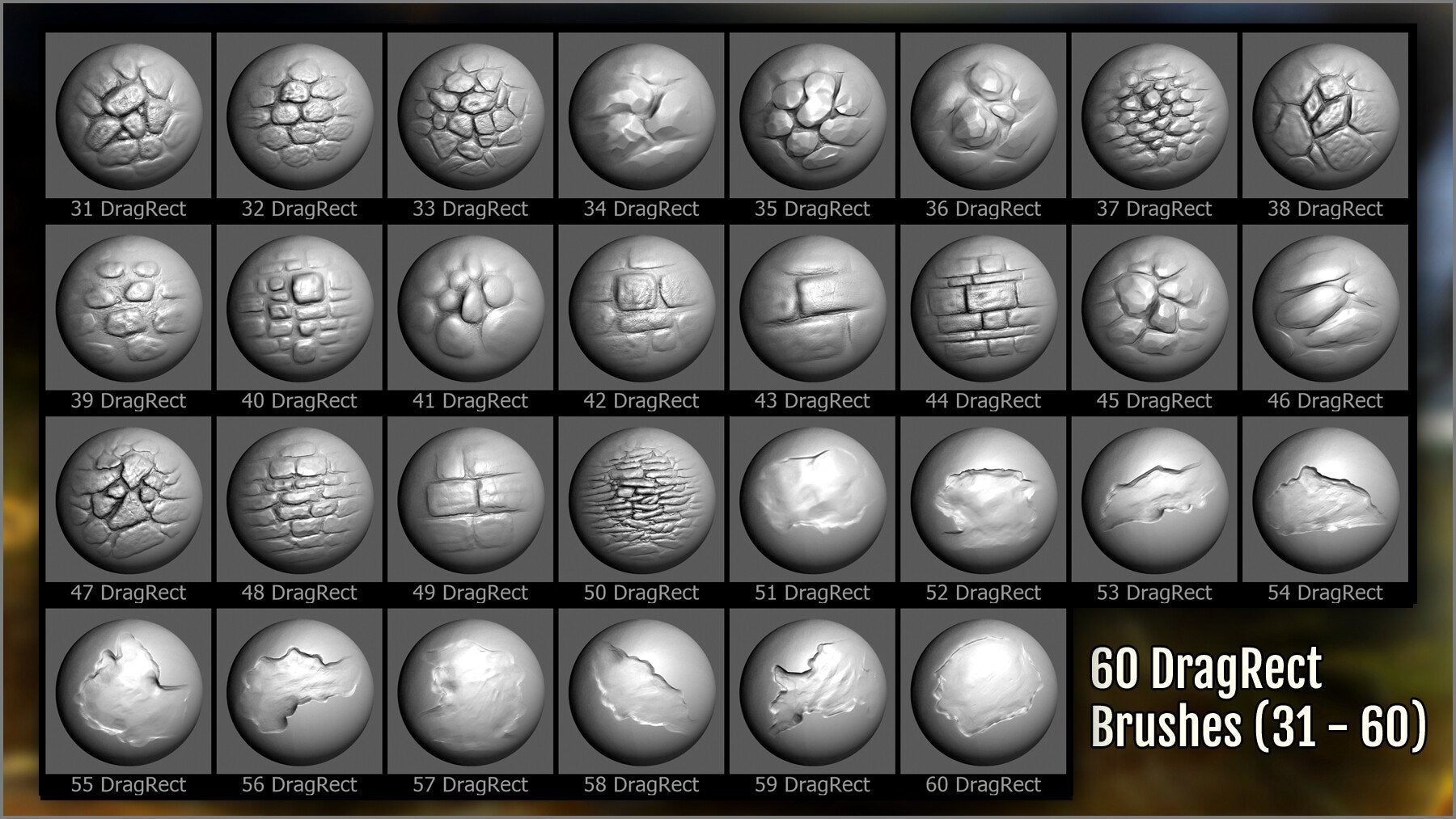 Wall Maker 120 ZBrush Brushes, 60 Alphas, and 55 Patterns