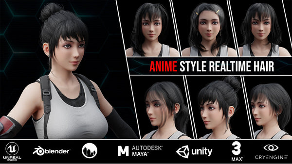 6 Anime Low Poly Realtime Hair Cards 1$ For Each Model