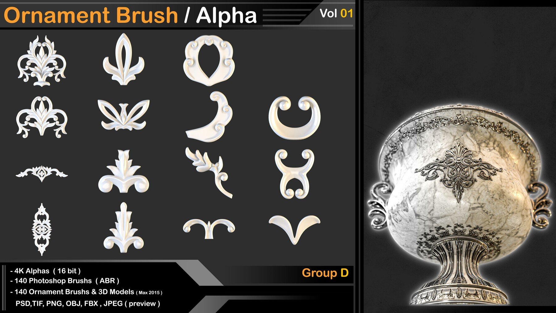 Ornament Kitbash Brushes/ Alpha / 3D Models / IMM vol 01