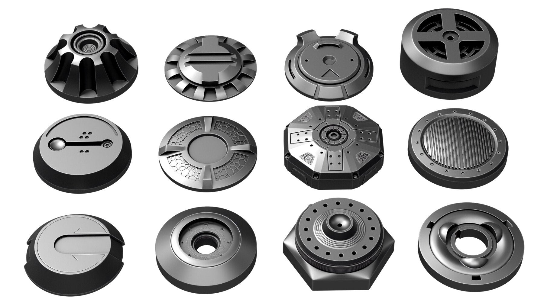 50+ Round Hard Surface Kitbash elements [Production Topology]